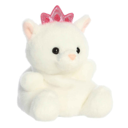 Aurora Palm Pals Priscilla 5-inch Princess Kitty plush stuffed toy sitting forward with snow-white fur and a sparkly pink tiara.