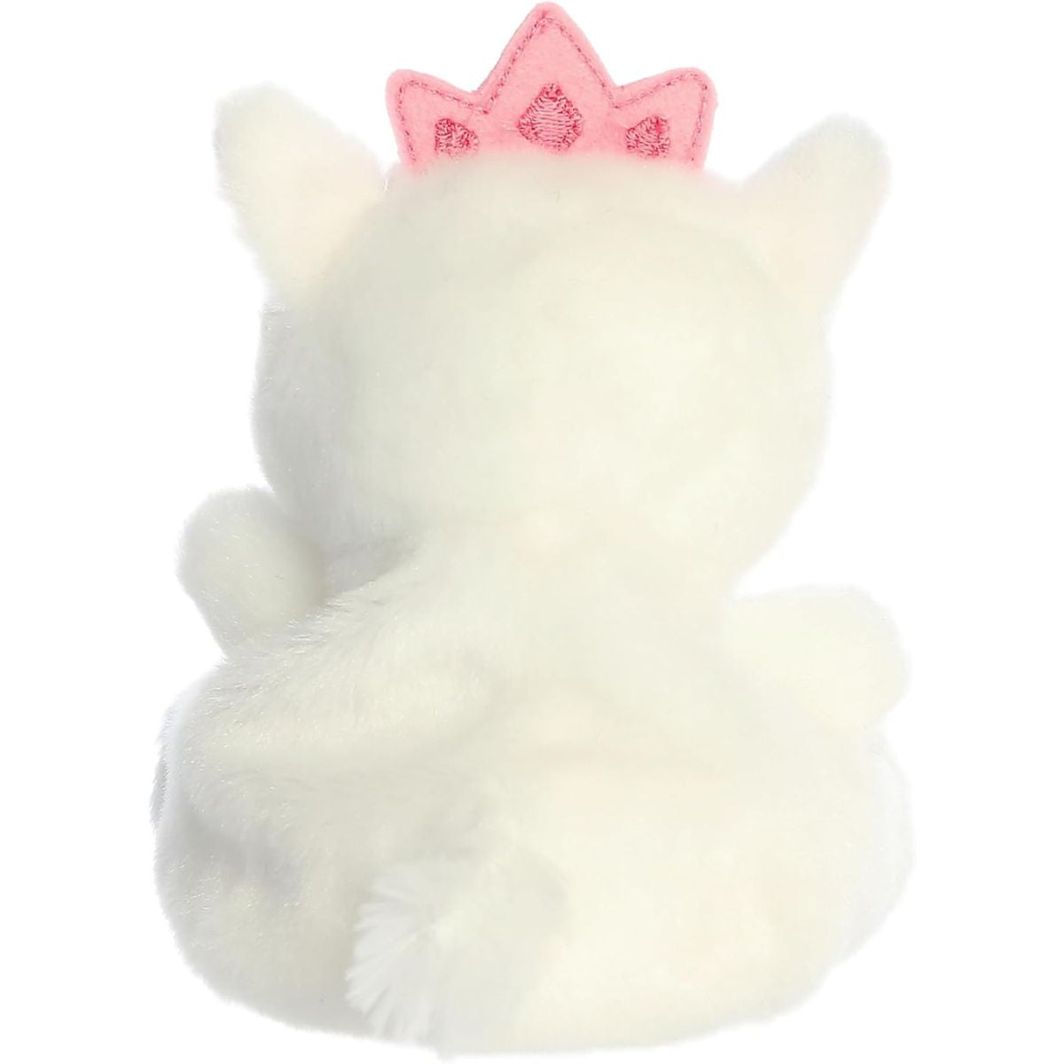 The rear thumbnail view of the white Aurora pet plush cat displaying its smooth coat backing, white tail, and pink crown from behind.
