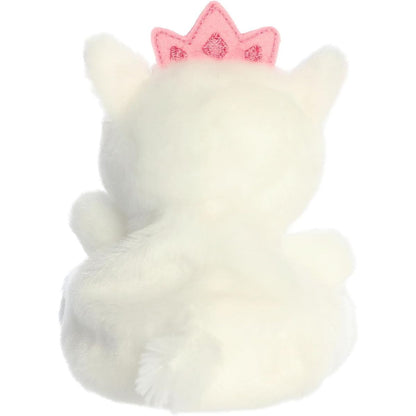 The rear thumbnail view of the white Aurora pet plush cat displaying its smooth coat backing, white tail, and pink crown from behind.