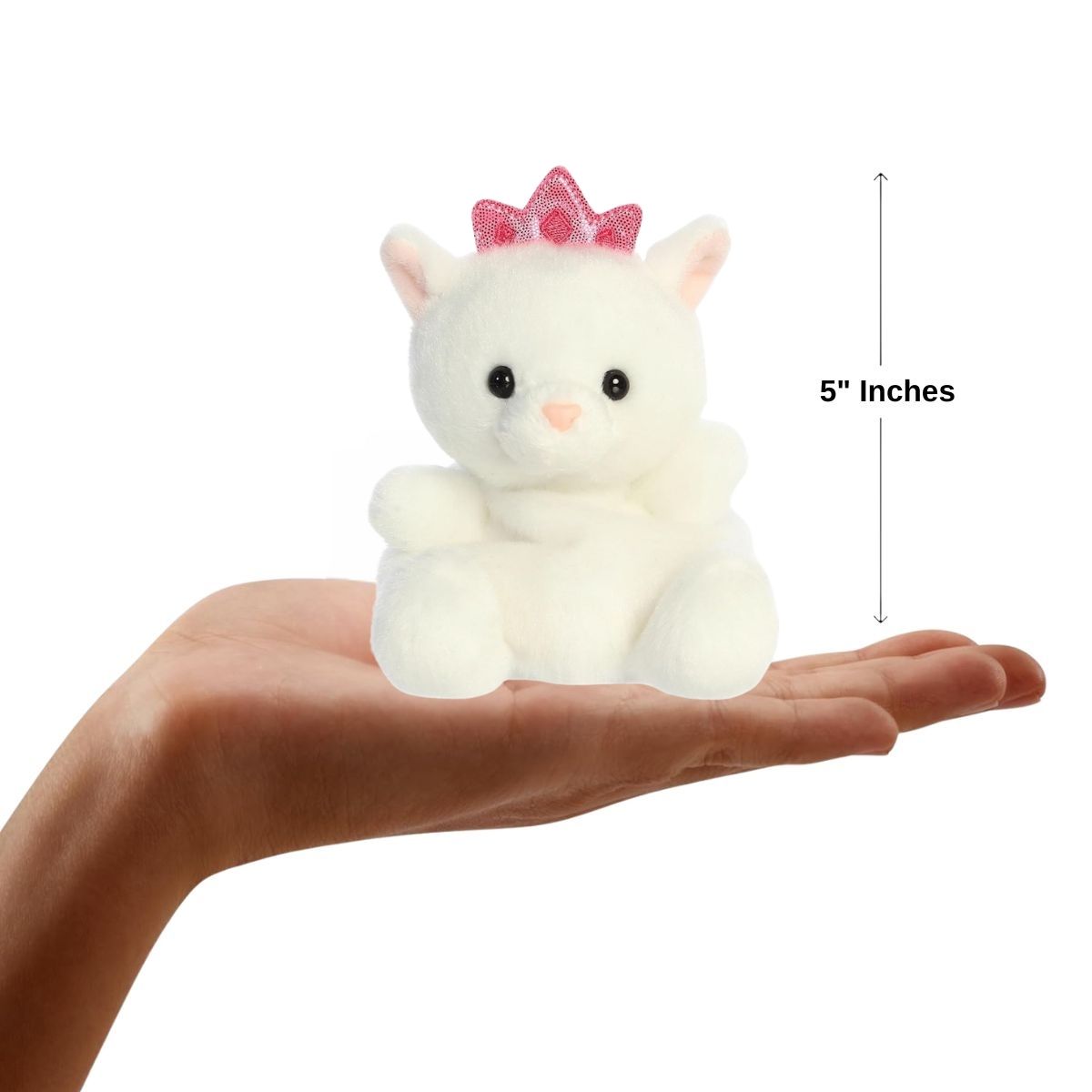 The miniature Priscilla Princess Kitty plush sitting inside an open human hand displaying a 5-inch height indicator graphic.