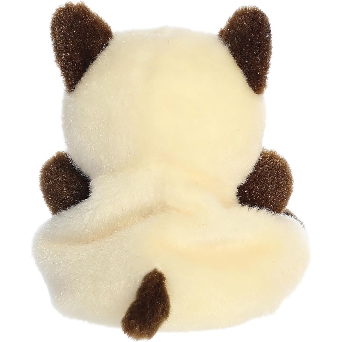 The rear thumbnail view of the cream Aurora pet plush cat displaying its smooth coat backing and small dark brown tail.