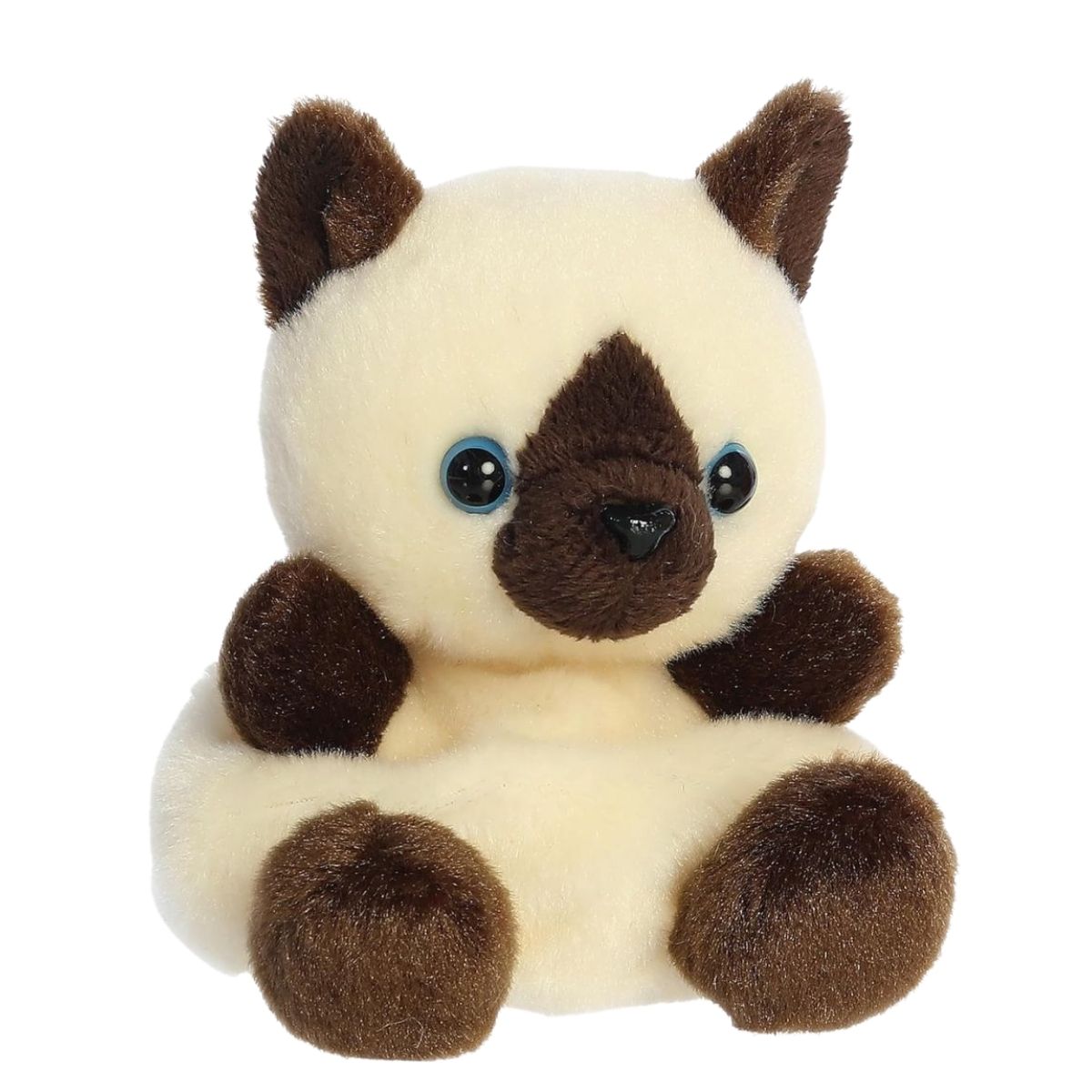 Aurora Palm Pals Dusty 5-inch Siamese Kitty plush stuffed toy sitting forward with cream fur, a dark brown face mask, and bright blue eyes.