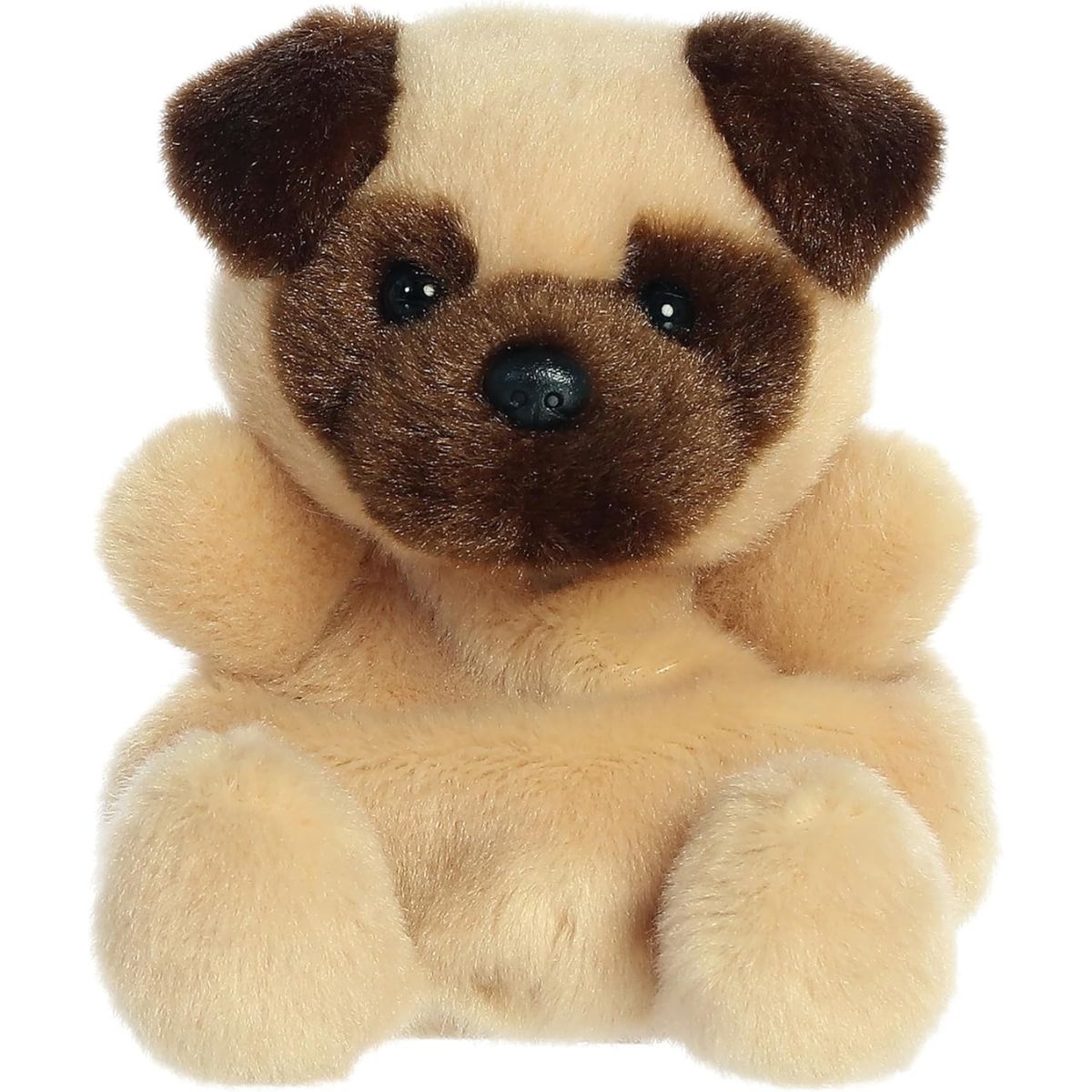 A close-up front portrait thumbnail of the Frankie Pug plush showing its dark floppy ears, black button nose, and sitting paws.