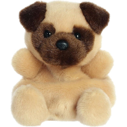 A close-up front portrait thumbnail of the Frankie Pug plush showing its dark floppy ears, black button nose, and sitting paws.