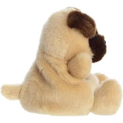 The left side profile thumbnail of the sitting fawn pug plush highlighting its rounded back and short fabric tail.