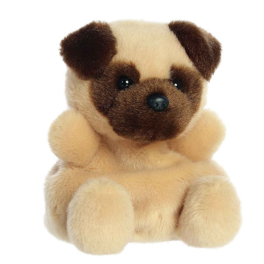 Aurora Palm Pals Frankie 4.5-inch Pug plush stuffed toy sitting forward with fawn fur and a dark brown face mask.