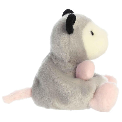 The right side profile thumbnail of the sitting grey opossum plush highlighting its rounded back and small pink tail.