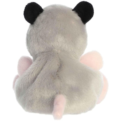 The rear thumbnail view of the grey Aurora forest plush toy displaying its smooth coat backing and pointed pink tail.