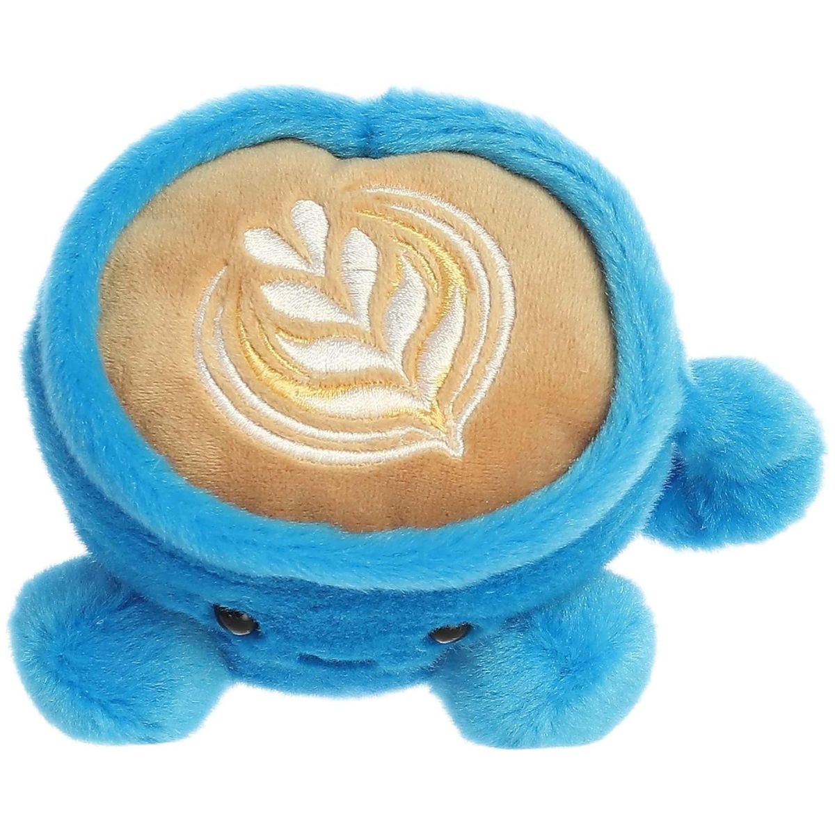 The top-down thumbnail view of the Letti Latte plush highlighting the embroidered white leaf latte art design on the tan surface.