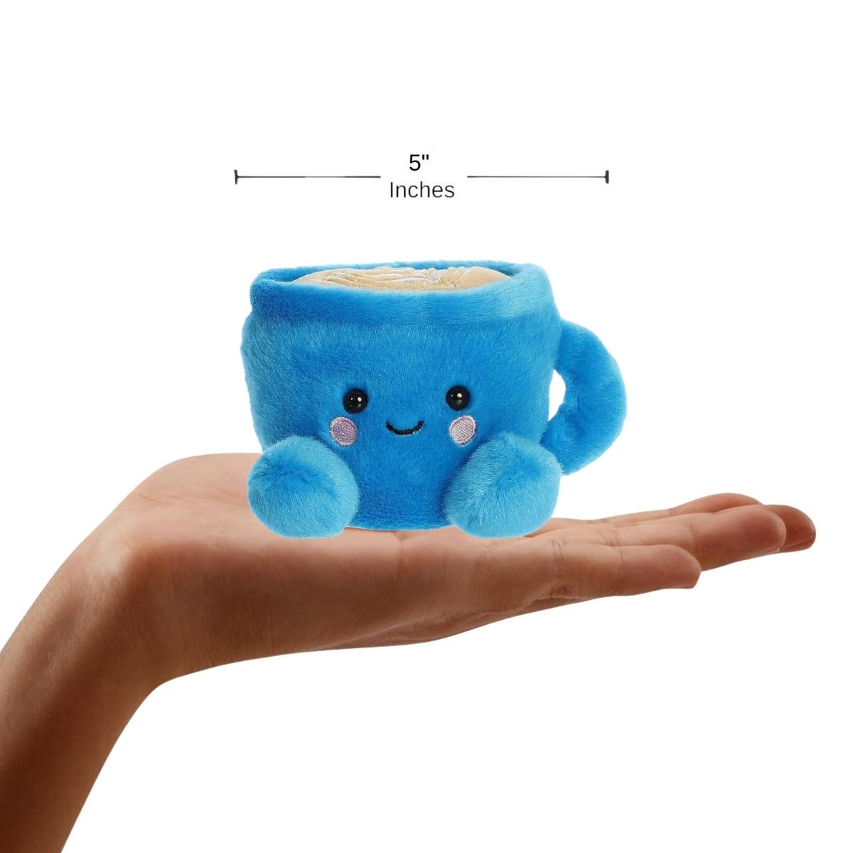 The miniature Letti Latte plush sitting inside an open human hand displaying a 5-inch width indicator graphic.