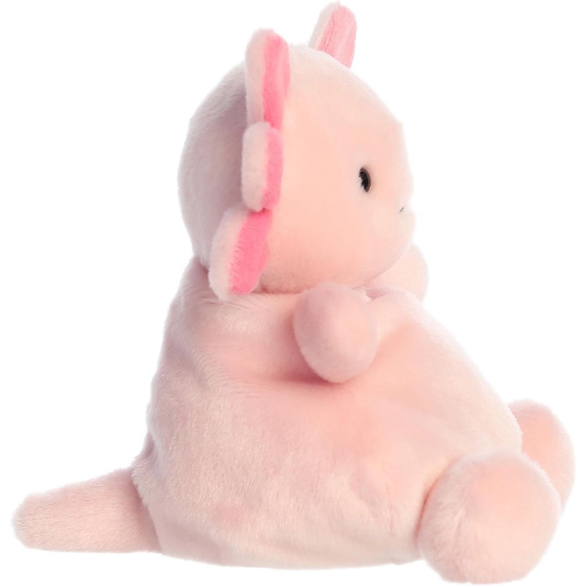 Side profile of the Aurora Palm Pals Ax Axolotl plush highlighting its little tail and round body.