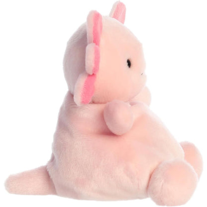 Side profile of the Aurora Palm Pals Ax Axolotl plush highlighting its little tail and round body.