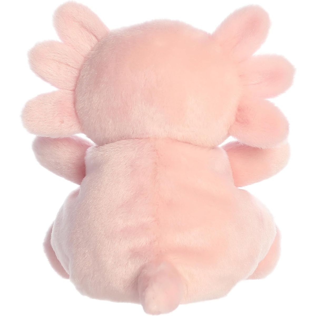 Back view of the cuddly pink Palm Pals axolotl stuffed animal showing its gills and tail.