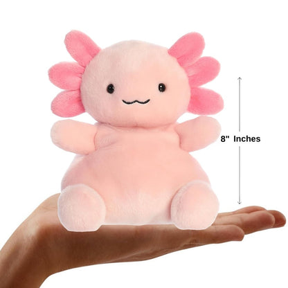 Dimension graphic showing the 8-inch Party Sized Aurora Palm Pals Ax Axolotl resting comfortably in a person's hand.