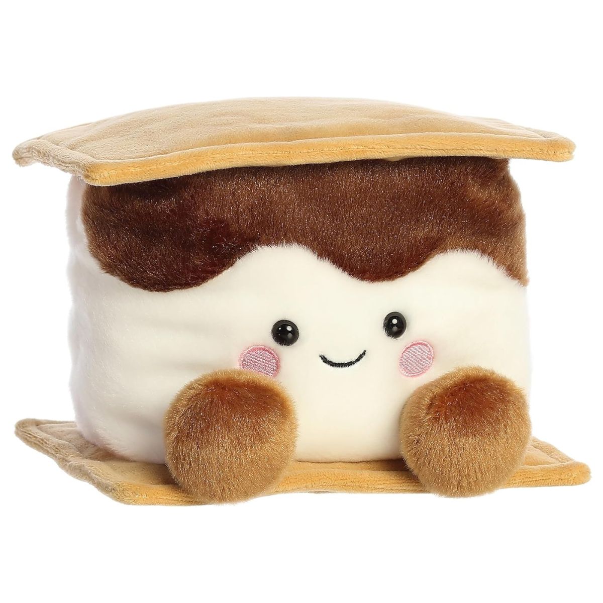 Three-quarter view of the 8-inch Aurora Palm Pals Toastee S'more plush sitting upright, featuring tan graham crackers, white marshmallow fur, and a melting chocolate layer.