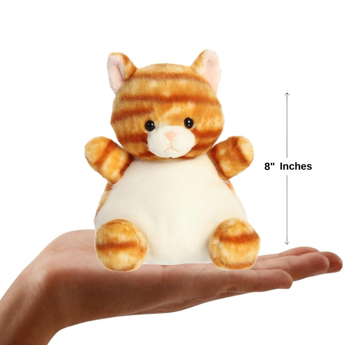 Dimension graphic showing the 8-inch Party Sized Aurora Palm Pals Meow Kitty resting comfortably in a person's hand.