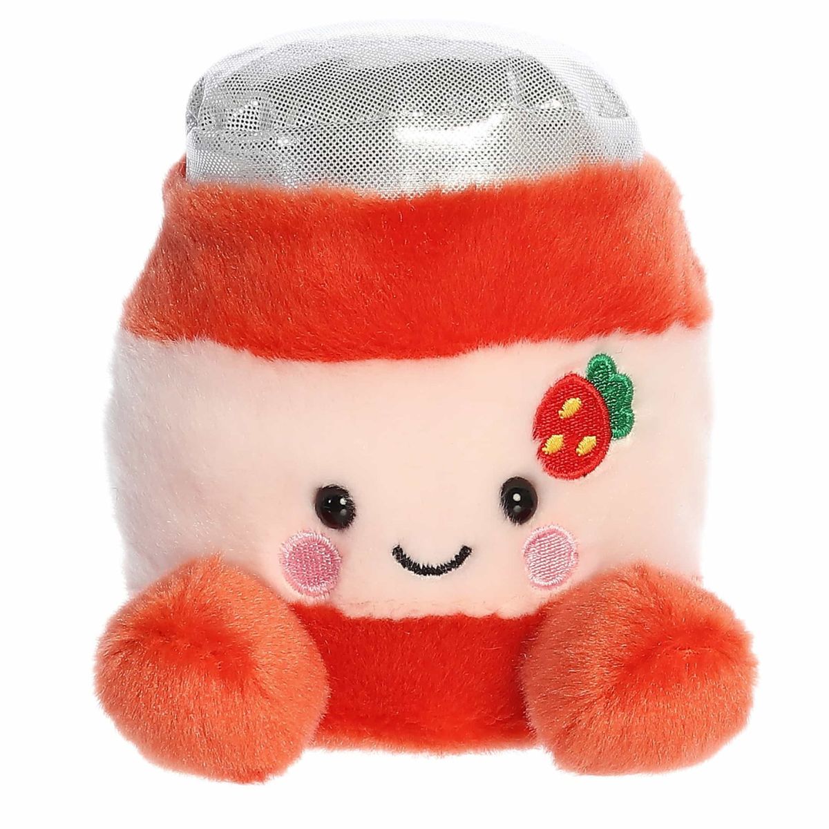 Straight-on front view of the jelly jar stuffed animal highlighting its sweet stitched smile, dark eyes, and small red hand nubs.