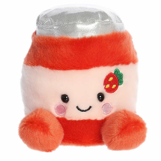 Straight-on front view of the jelly jar stuffed animal highlighting its sweet stitched smile, dark eyes, and small red hand nubs.