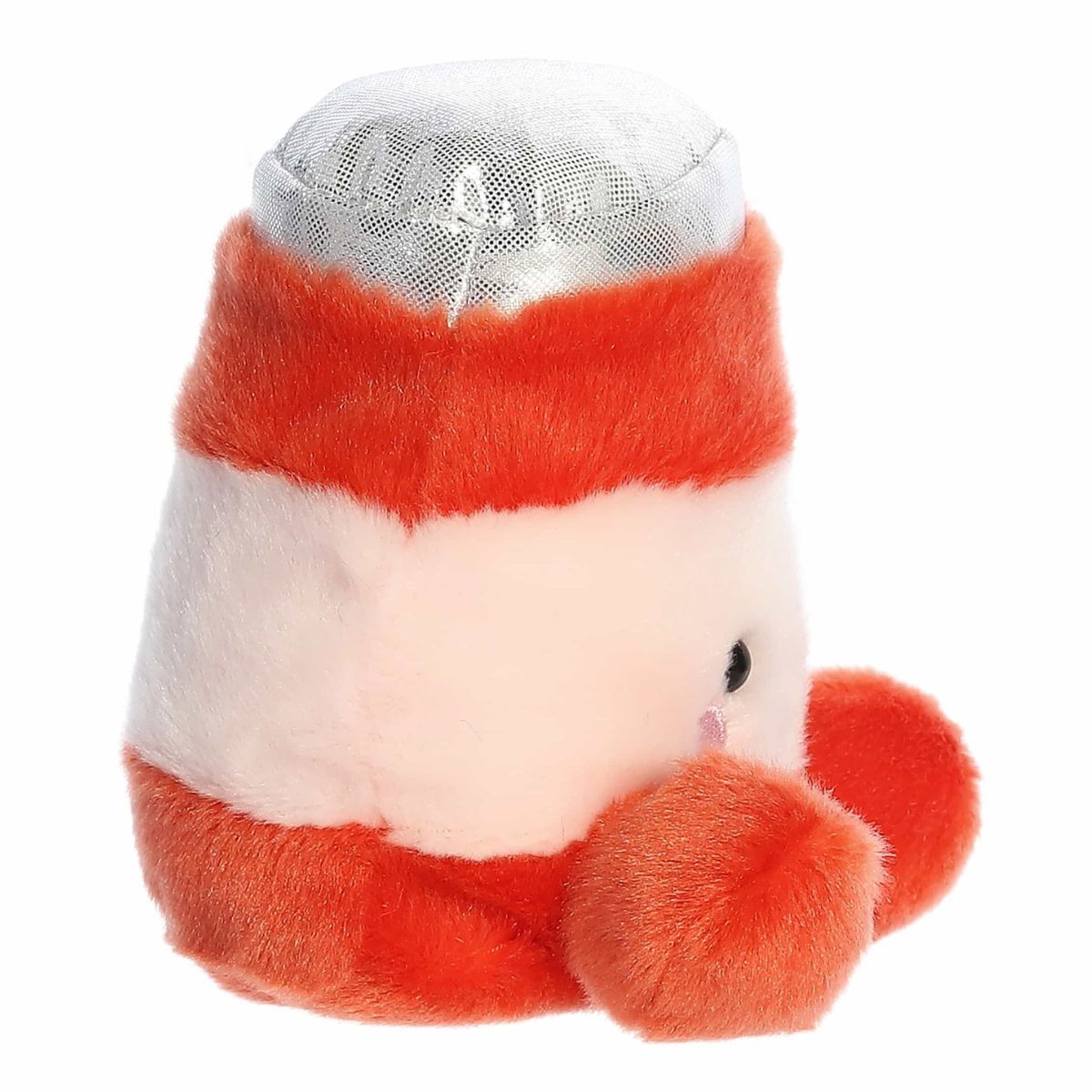 Right side profile view of the red jelly plush showing its rounded jar silhouette, metallic silver top, and round hand.