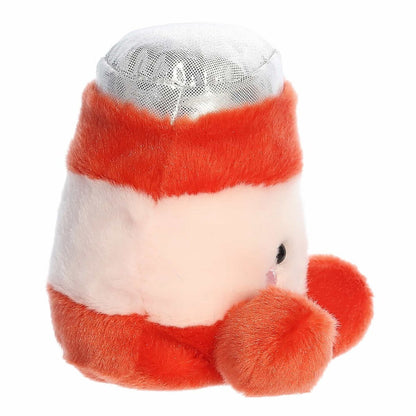 Right side profile view of the red jelly plush showing its rounded jar silhouette, metallic silver top, and round hand.