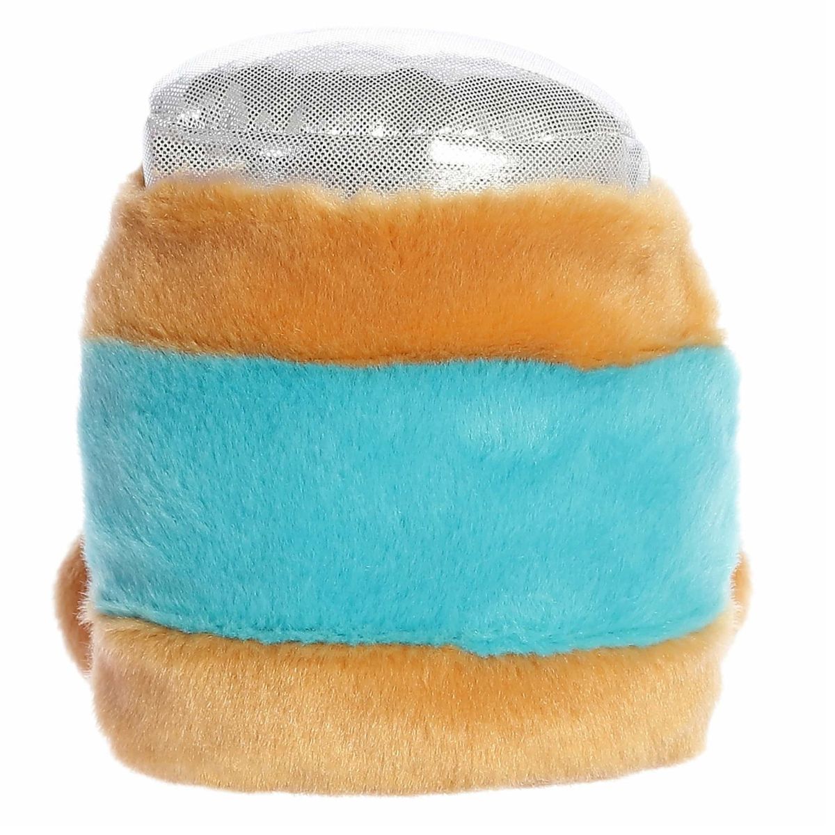 Direct back view of the cuddly Palm Pals peanut butter jar stuffed animal showing its continuous teal label.
