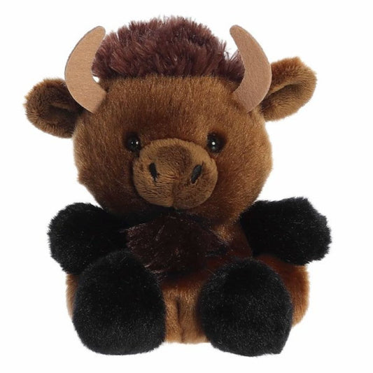 A direct front portrait view of the mini Billy Bison plush showcasing its curved tan horns and soft snout.