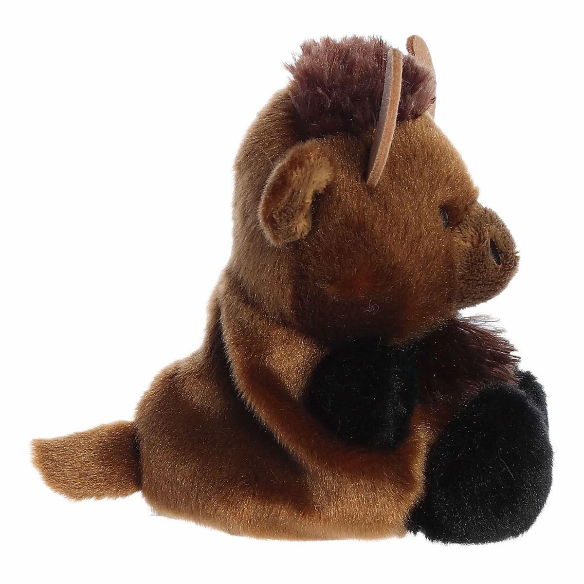 The right side profile view of the sitting Aurora Palm Pals bison plush highlighting its plump shape and small tail.
