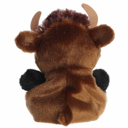 The rear view of the brown Aurora buffalo stuffed animal displaying its soft plush back and dark brown mane crest.