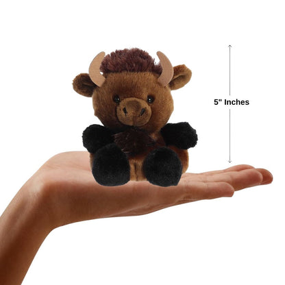 The miniature Billy Bison plush sitting inside an open human hand displaying a 5-inch height indicator graphic.