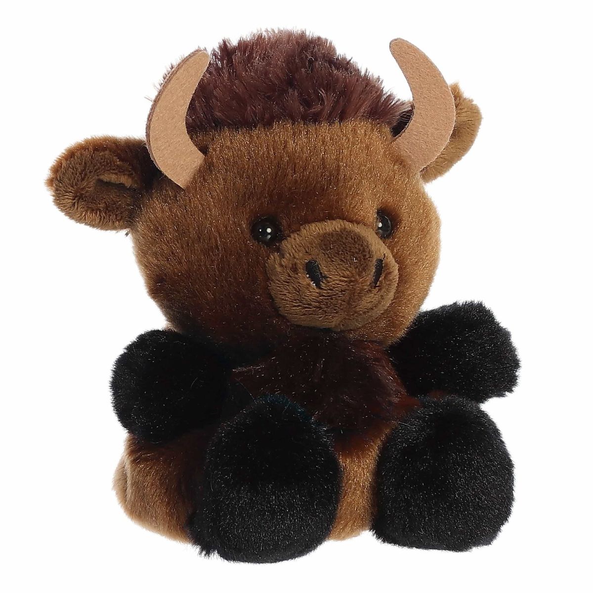 Aurora Palm Pals Billy 5-inch Bison plush stuffed toy sitting forward with brown fur, a dark shaggy mane, and tan horns.