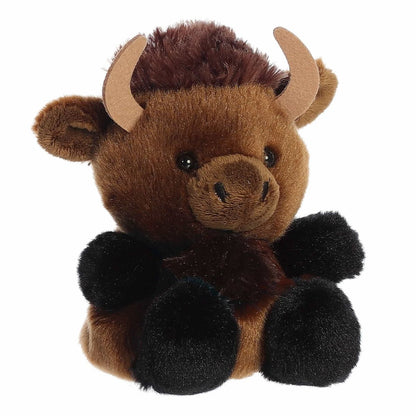 Aurora Palm Pals Billy 5-inch Bison plush stuffed toy sitting forward with brown fur, a dark shaggy mane, and tan horns.
