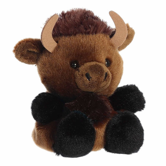 Aurora Palm Pals Billy 5-inch Bison plush stuffed toy sitting forward with brown fur, a dark shaggy mane, and tan horns.