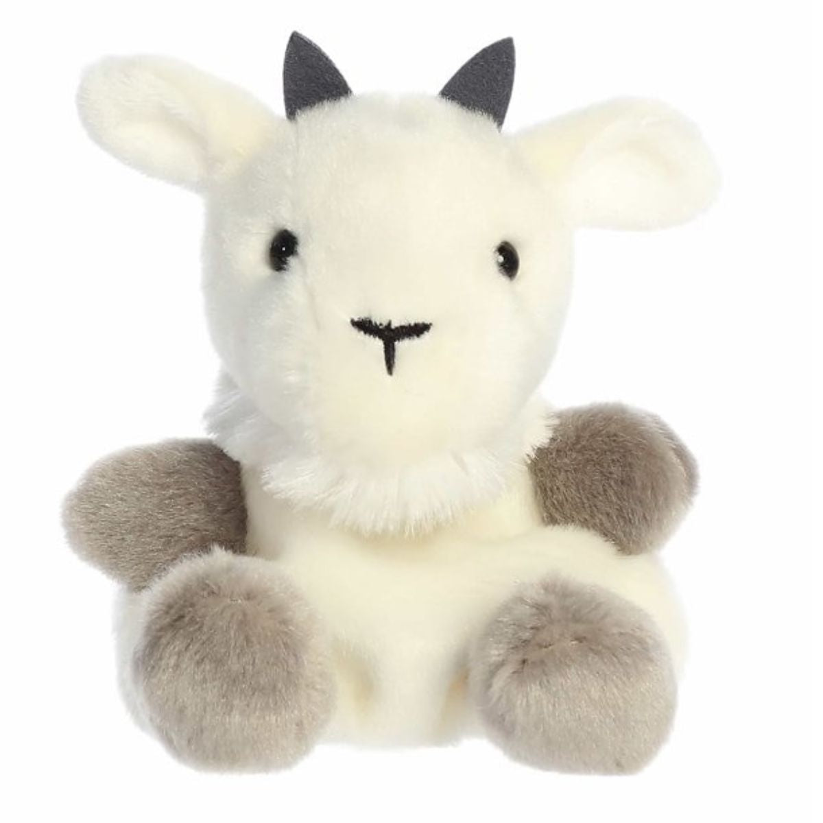 A direct front close-up shot of the mini Jenny Mountain Goat plush showing its sweet face and tiny dark horns.