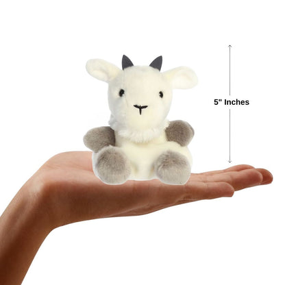 The miniature Jenny Mountain Goat plush sitting inside an open human hand displaying a 5-inch height indicator graphic.