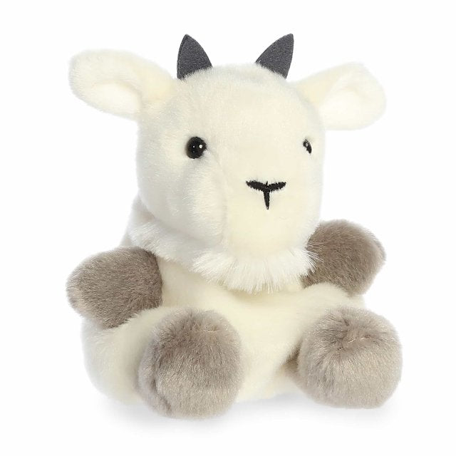 Aurora Palm Pals Jenny 5-inch Mountain Goat plush stuffed toy sitting forward with a cream body and dark brown hooves.