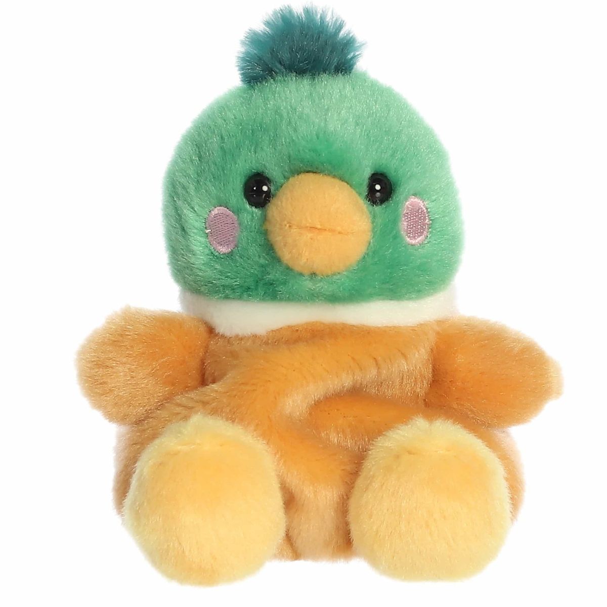 A direct front portrait view of the mini Puddles Mallard Duck plush showing its yellow beak and pink cheeks.