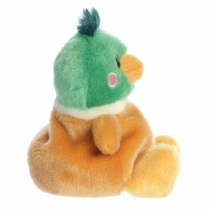 The right side profile view of the sitting Aurora Palm Pals mallard duck plush highlighting its plump shape.