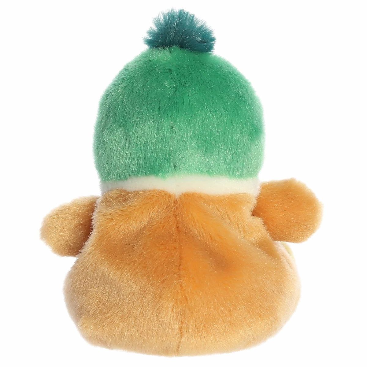 The rear view of the green-headed Aurora duck stuffed animal displaying its soft caramel-brown back.