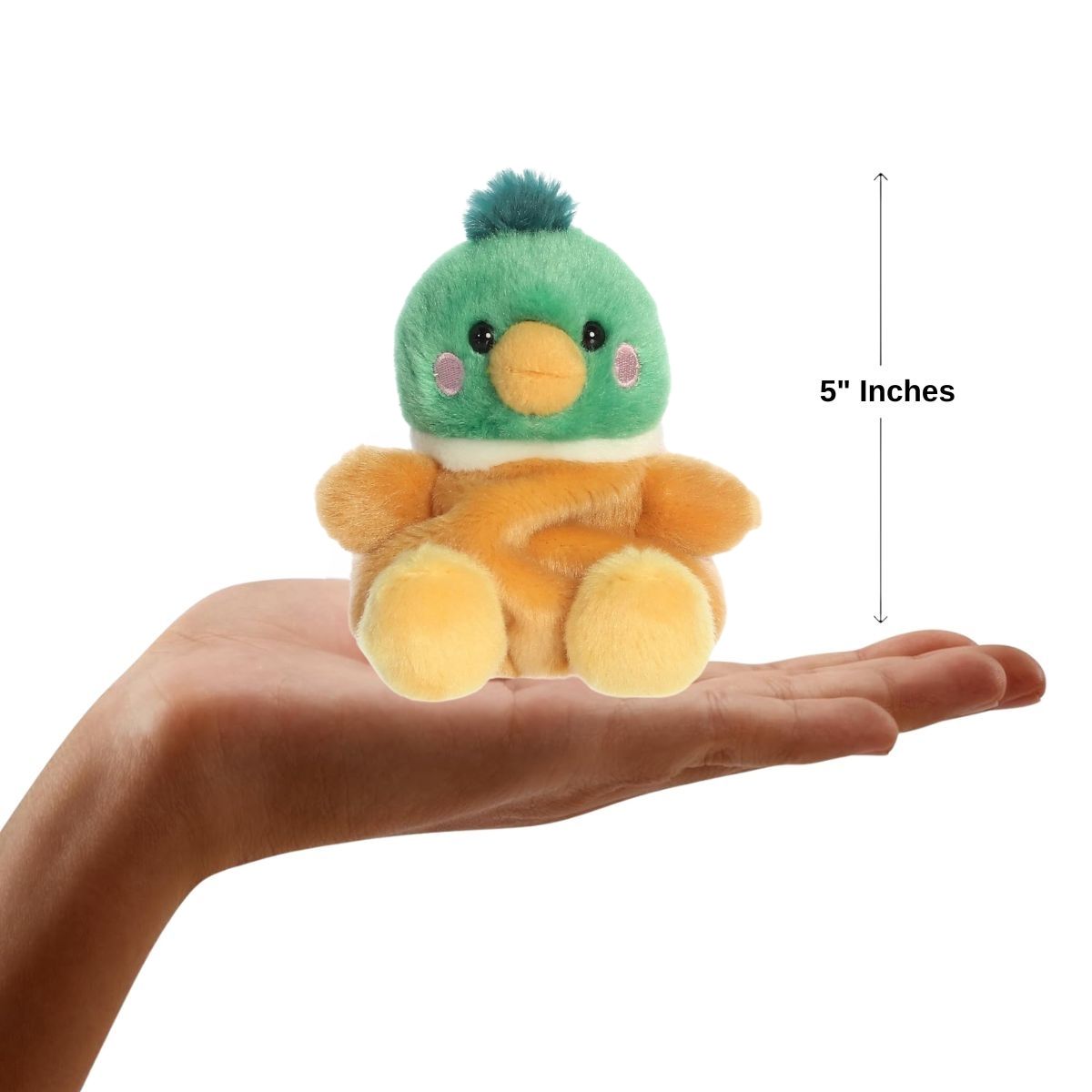 The miniature Puddles Mallard Duck plush sitting inside an open human hand displaying a 5-inch height indicator graphic.