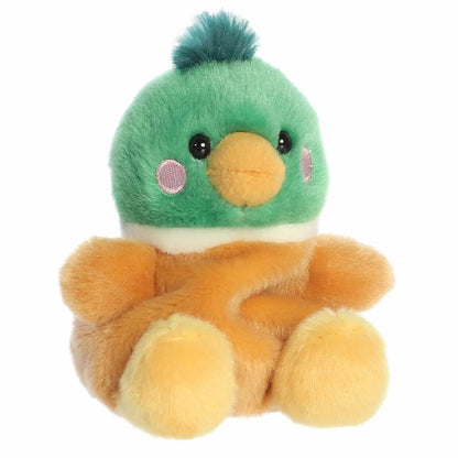 Aurora Palm Pals Puddles 5-inch Mallard Duck plush stuffed toy sitting forward with a green head and brown body.