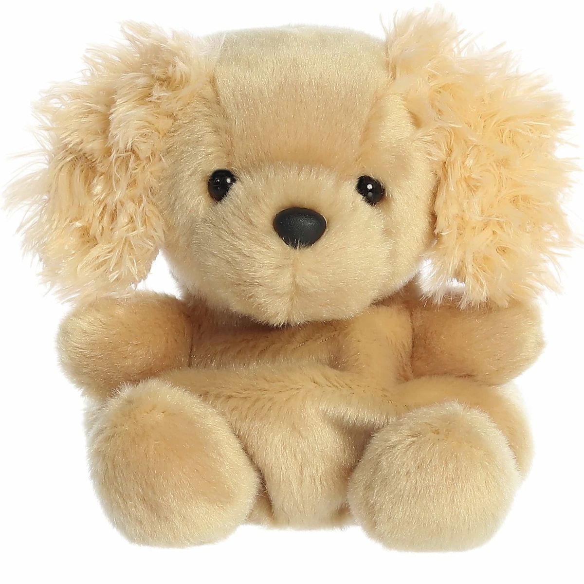 A direct front close-up shot of the mini Oatmeal Goldendoodle puppy plush showing its sweet face and black button eyes.