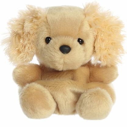 A direct front close-up shot of the mini Oatmeal Goldendoodle puppy plush showing its sweet face and black button eyes.