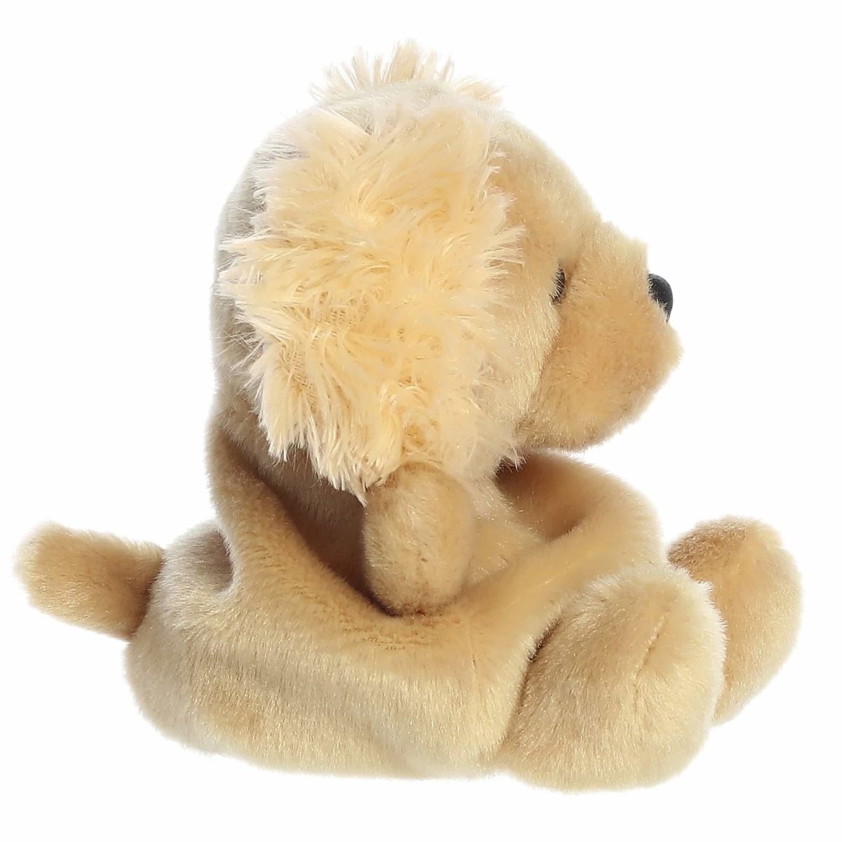 The right side view of the sitting Aurora Palm Pals Goldendoodle plush highlighting its floppy shaggy ears and compact profile.