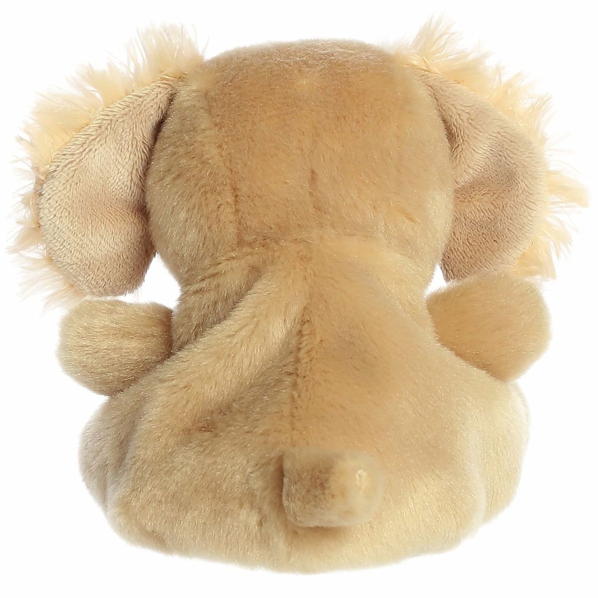 The rear view of the tan Aurora puppy stuffed animal displaying its soft plush back and small floppy tail.