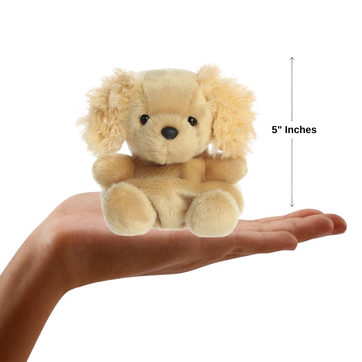 The miniature Oatmeal Goldendoodle plush sitting inside an open human hand displaying a 5-inch height indicator graphic.