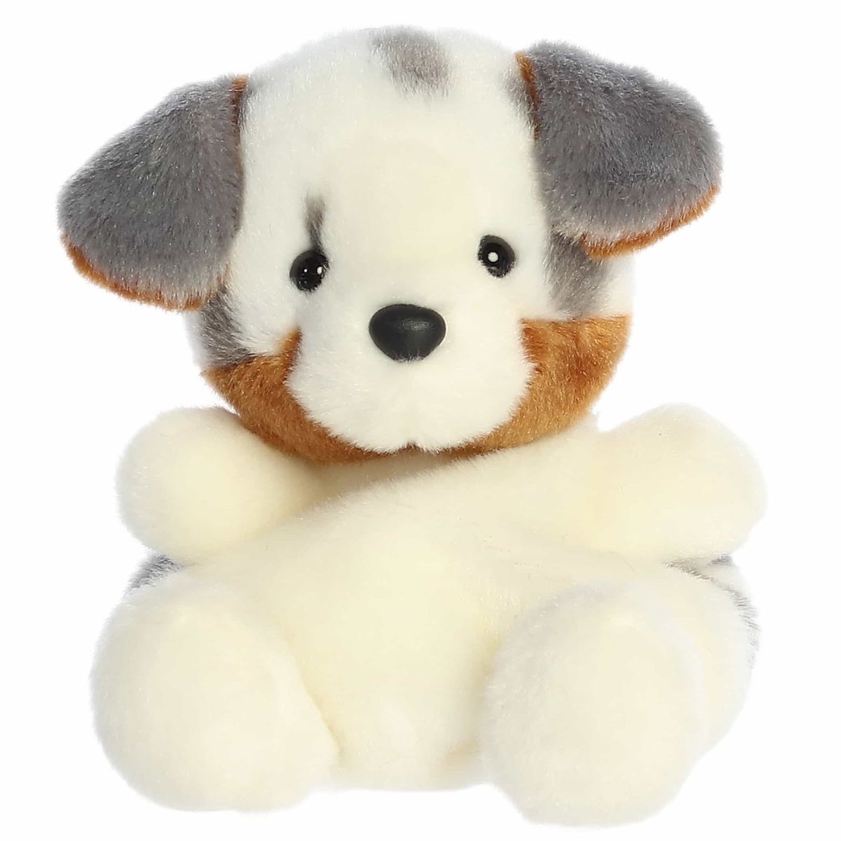 A direct front close-up view of the mini Sydney Aussie puppy plush showing its black button nose and floppy grey ears.