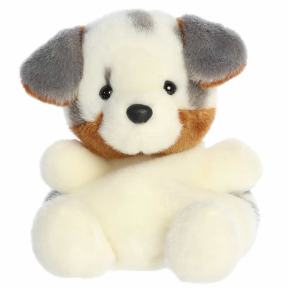 A direct front close-up view of the mini Sydney Aussie puppy plush showing its black button nose and floppy grey ears.