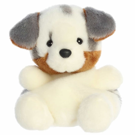 A direct front close-up view of the mini Sydney Aussie puppy plush showing its black button nose and floppy grey ears.