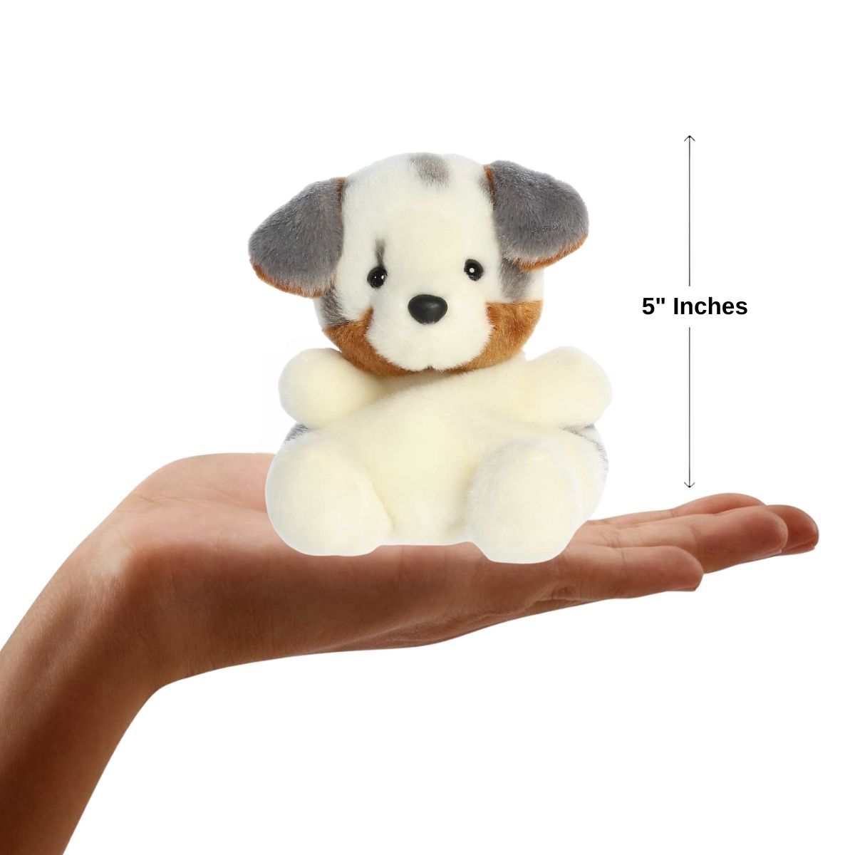 The miniature Sydney Aussie plush sitting inside an open human hand displaying a 5-inch height indicator graphic.