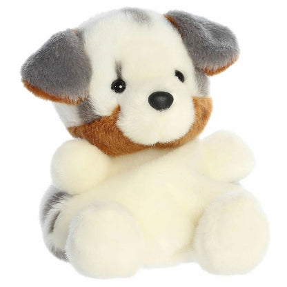 Aurora Palm Pals Sydney 5-inch Australian Shepherd plush stuffed toy sitting forward with blue merle spotted fur and brown neck patches.